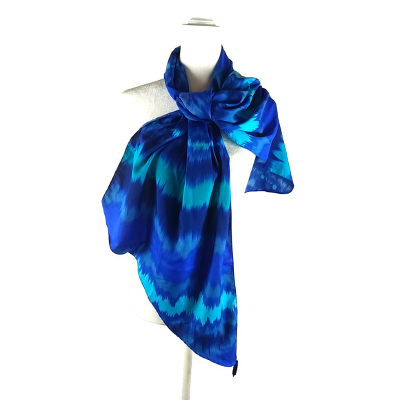 Anne & Ava Blue Rectangle Pointed End Scarf Tassels Silver Tone Bead 74 X 18" - Picture 5 of 6